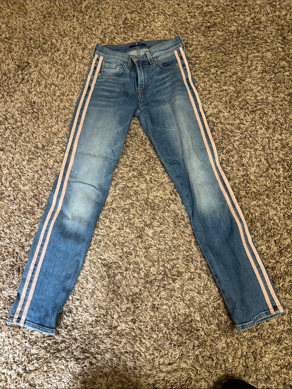7 Seven For All Mankind Skinny Ankle Jeans Pink Tuxedo Stripe Trim Sz 23 NWOT
